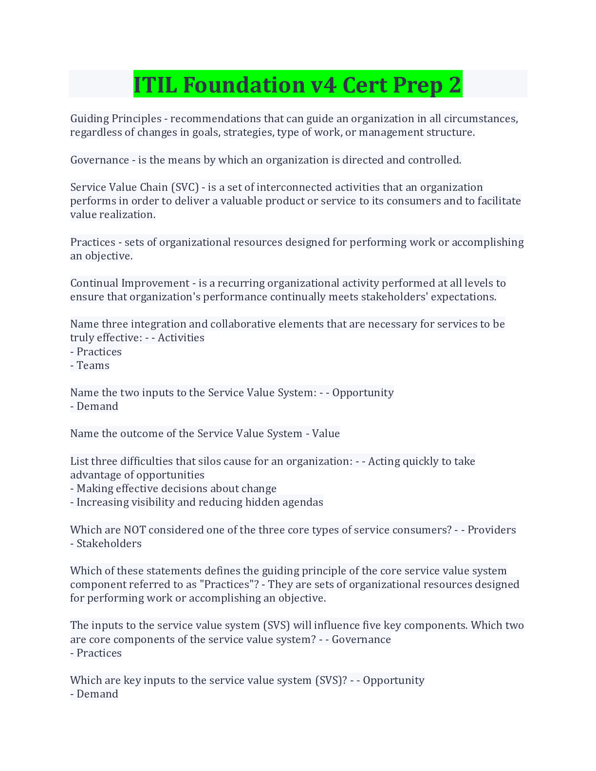 Preview image for ITIL Foundation v4 Cert Prep 2/ The Service Value System (SVS) (Ch 4), The Service Value Chain (Ch 4), The Guiding Principles (Ch 4) Axelos book